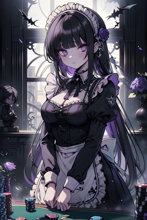 a puppet, a woman with a tall body, black hair, empty eyes, black rose patch on the left eye, maid outfit, purple eyes, perfect face, yandere, psychopath, corrodia, semi-central hive mind, medium breasts, masterpiece, very good quality, excellent quality, young,
 gothic, sculptor of souls, long hair, maid's headband, expressionless, poker face, lifeless.
