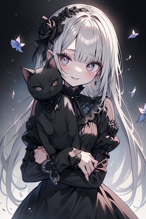 a puppet, a woman with a small body, teenager, gray hair, smiling, black rose patch on her left eye, very elegant black dress from the Victorian era, silver eyes, perfect face, happy, yandere, psychopath, corrodia, hive mind semi-central, small breasts, masterpiece, very good quality, excellent quality, loli, small body,loli,young man, holding a stuffed cat in her arms, gothic.