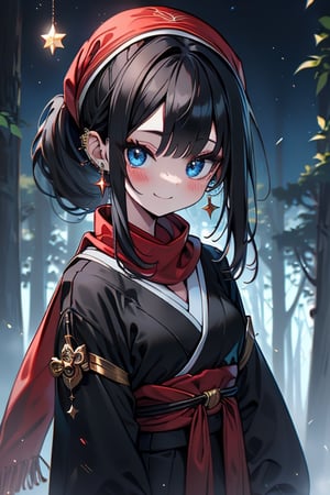 black hair, blue eyes, Geisha
 outfit with black edges, a red scarf with gold stripes, the edges have small golden touches, friendly face, a black spandex that covers her entire body, headscarf, killer, happy smile , bangs, in the forest at night, masterpiece, star earrings, detailed, high quality, absurd, the strongest human of all, bringer of the world's hope, hair in ponytail.