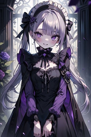 a puppet, a woman with a small body, teenager, gray hair, smiling, black rose patch on her left eye, very elegant black dress from the Victorian era, purple eyes, perfect face, happy, yandere, psychopath, corrodia, hive mind semi-central, small breasts, masterpiece, very good quality, excellent quality, loli, small body,loli,young man, 
 gothic,sculptor of souls,two long pigtails in her hair,maid headband,purple cape
