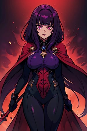 The queen of the abyss, protective mother of mortals, formidable war, purple hair, medium hair, very long bangs, black combat lycra attached to her body, purple eyes, foreign, alien, the fastest woman in the world, tall, powerful , red spear,magenta hair with reddish tones,military cape, masterpiece, good quality, excellent quality, good resolution

