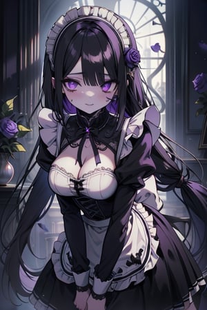 a puppet, a woman with a tall body, black hair, empty eyes, black rose patch on the left eye, maid outfit, purple eyes, perfect face, happy, yandere, psychopath, corrodia, semi-central hive mind, medium breasts, artwork teacher, very good quality, excellent quality, young,
 gothic, soul sculptor, long hair, maid headband.

