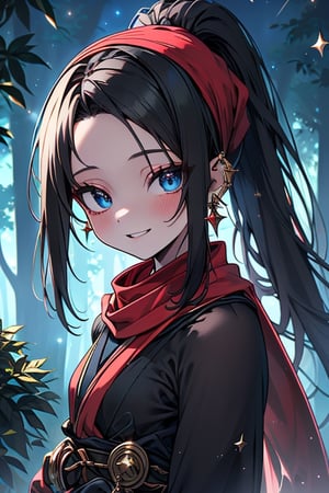 black hair, blue eyes, blue Kimono
 outfit with black edges, a red scarf with gold stripes, the edges have small golden touches, friendly face, a black spandex that covers her entire body, headscarf, killer, happy smile , bangs, in the forest at night, masterpiece, star earrings, detailed, high quality, absurd, the strongest human of all, bringer of the world's hope, hair in ponytail,black lycra.