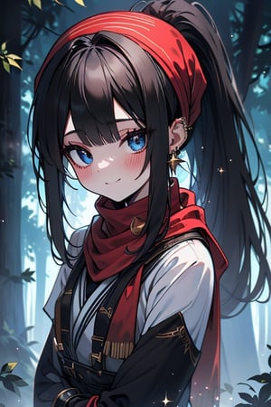 black hair, blue eyes, hiyab
 outfit with black edges, a red scarf with gold stripes, the edges have small golden touches, friendly face, a black spandex that covers her entire body, headscarf, killer, happy smile , bangs, in the forest at night, masterpiece, star earrings, detailed, high quality, absurd, the strongest human of all, bringer of the world's hope, hair in ponytail.