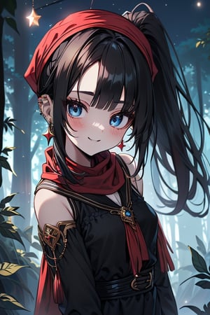 black hair, blue eyes,victorian princess dress outfit with black edges, a red scarf with gold stripes, the edges have small golden touches, friendly face, a black spandex that covers her entire body, headscarf, killer, happy smile , bangs, in the forest at night, masterpiece, star earrings, detailed, high quality, absurd, the strongest human of all, bringer of the world's hope, hair in ponytail.