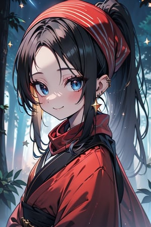 black hair, blue eyes, Kimono
 outfit with black edges, a red scarf with gold stripes, the edges have small golden touches, friendly face, a black spandex that covers her entire body, headscarf, killer, happy smile , bangs, in the forest at night, masterpiece, star earrings, detailed, high quality, absurd, the strongest human of all, bringer of the world's hope, hair in ponytail.