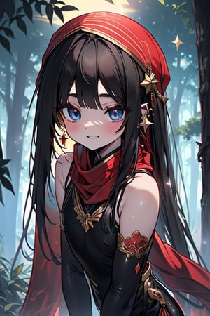 black hair,blue eyes,  light red qipao with black edges,, a red scarf with gold stripes, the edges have small golden touches friendly face, a black lycra that covers her entire body,  kerchief on her head, assassin, happy smile, fringe, in the forest at night,masterpiece, star earrings, detailed, high quality, absurd, the strongest human of all, bearer of the hope of the world.