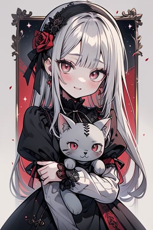 a puppet, a woman with a small body, teenager, gray hair, smiling, black rose patch on her left eye, very elegant black dress from the Victorian era, silver eyes, perfect face, happy, yandere, psychopath, corrodia, hive mind semi-central, small breasts, masterpiece, very good quality, excellent quality, loli, small body,loli,young man, holding a stuffed cat in his arms, red threads on her fingers.