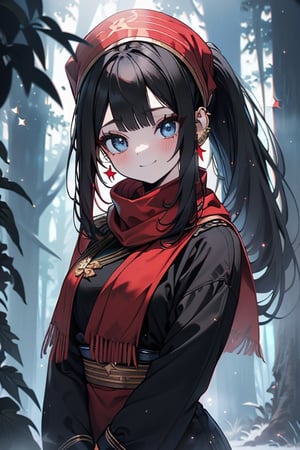 black hair, blue eyes, light red qipao with black edges, a red scarf with gold stripes, the edges have small touches of gold, friendly face, a black spandex that covers her entire body, headscarf, killer, happy smile, bangs , in the forest at night, masterpiece, star earrings, detailed, high quality, absurd, the strongest human of all, bringer of the world's hope, hair in ponytail.
