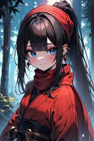 black hair, blue eyes, red Kimono
 outfit with black edges, a red scarf with gold stripes, the edges have small golden touches, friendly face, a black spandex that covers her entire body, headscarf, killer, happy smile , bangs, in the forest at night, masterpiece, star earrings, detailed, high quality, absurd, the strongest human of all, bringer of the world's hope, hair in ponytail,black lycra.