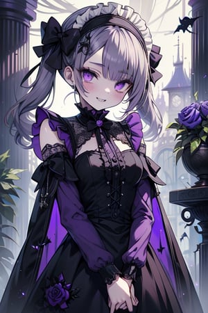 a puppet, a woman with a small body, teenager, gray hair, smiling, black rose patch on her left eye, very elegant black dress from the Victorian era, purple eyes, perfect face, happy, yandere, psychopath, corrodia, hive mind semi-central, small breasts, masterpiece, very good quality, excellent quality, loli, small body,loli,young man, 
cat in her arms, gothic,sculptor of souls,two long pigtails in her hair,maid headband,purple cape
