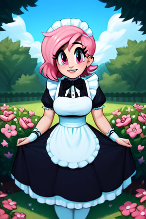 saymanart style, score_4_up, score_5_up, score_6_up, score_7_up, score_8_up, score_9, pink_hair, pink_eyes, medium_hair, good_hands, good_face, voluptous, curvy, maid_outfit, flowers, flora_fauna, 