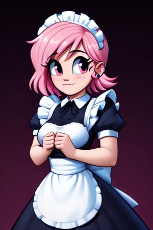 saymanart style, score_4_up, score_5_up, score_6_up, score_7_up, score_8_up, score_9, pink_hair, pink_eyes, medium_hair, medium_breasts, good_hands, good_face, maid_outfit,