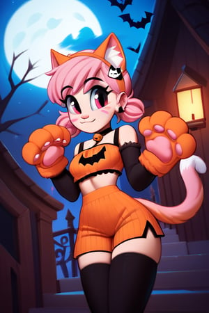 saymanart style, score_4_up, score_5_up, score_6_up, score_7_up, score_8_up, score_9, pink_hair, pink_eyes, medium_hair, halloween, cat paw gloves, cat_ears, cat_tail, costume