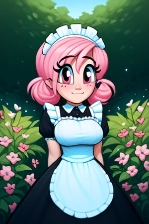 saymanart style, score_4_up, score_5_up, score_6_up, score_7_up, score_8_up, score_9, pink_hair, pink_eyes, medium_hair, good_hands, good_face, voluptous, curvy, maid_outfit, flowers, flora_fauna, 