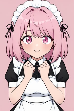  pink_hair, pink_eyes, medium_hair, medium_breasts, good_hands, good_face, maid_outfit, flat color, 