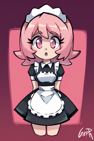  pink_hair, pink_eyes, medium_hair, medium_breasts, good_hands, good_face, maid_outfit, Gerph style,