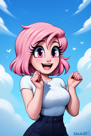 saymanart style, score_4_up, score_5_up, score_6_up, score_7_up, score_8_up, score_9, pink_hair, pink_eyes, medium_hair, medium_breasts, good_hands, good_face, happy, joyful, excited,