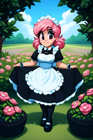 saymanart style, score_4_up, score_5_up, score_6_up, score_7_up, score_8_up, score_9, pink_hair, pink_eyes, medium_hair, good_hands, good_face, voluptous, curvy, maid_outfit, flowers, flora_fauna, 