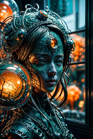 (Masterpiece:1.7) (High quality:1.8) (intricate detail:1.6) Close up photo of a beautiful woman painting in canvas (detailed face:1.7), horror theme, terror, sparkling light, soft reflection, glass windows, moon in the sky, anatomy perfect, ultra detailed face, window, scenery, indoors, curtains, couch, tree, building, day, cityscape, city, high quality, dramatic, ultra high definition, 32K,High detailed,blurry_light_background,DonMG414 