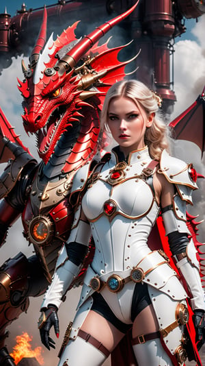 wide shot, A fierce princess in a steampunk white armored battle suit fearlessly slays a fierce red dragon, octane render