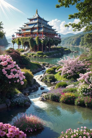 (extremely detailed CG unity 8k wallpaper),(((masterpiece))), (((best quality))), ((ultra-detailed)), (best illustration),(best shadow), ((an extremely delicate and beautiful)),dynamic angle,floating, fairyland,dynamic angle,sea of flowers,beautiful detailed garden,wind,classic,spring, (detailed light),feather, nature, (sunlight), river, forest,(((floating palace))),((the best building)),beautiful and delicate water,(painting),(sketch),(bloom),(shine)