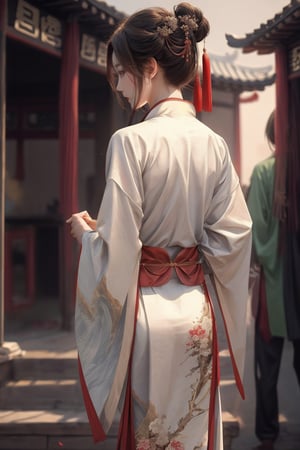 (Masterpiece), realistic, the back view of a beautiful Chinese woman in Hanfu, high detail, 4k resolution,