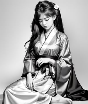 1girl, solo, long hair, hair ornament, long sleeves, white background, very long hair, monochrome, full body, closed eyes, greyscale, japanese clothes, barefoot, wide sleeves, hair bun, sash, chinese clothes, realistic, hanfu