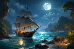 bird's eye view , tropical coastline landscape with ancient ruins in jungles, gold opal medalion shimmering with colors,((( fantasy world ))) ,((( tropical night , full moon ))) ,elven pirate sailboat in the bay ,  highly detailed, high resolution, raytraced reflections, dramatic lighting. 8k vibrant colors, neon ambiance, abstract black oil, detailed acrylic, grunge, intricate complexity, photorealistic, Makoto Shinkai Peter Kemp Mucha, kids story style, watercolor style, , watercolor style, perfect composition, beautiful detailed intricate insanely detailed octane render trending on artstation, 8 k ,artistic photography, photorealistic concept art, soft natural volumetric cinematic perfect moon light, chiaroscuro, award winning photograph, masterpiece, watercolor style, High Detail, dramatic, High Detail, dramatic ( very detailed background, detailed face, detailed complex busy background : 0.8 ) ,   (style of Ivan Aivazovsky:0.6), realistic, detailed, textured, skin, hair, eyes, by Alex Huguet, Mike Hill, Ian Spriggs, JaeCheol Park, Marek Denko, scenic , natural , majestic , by Ansel Adams , Galen Rowell , David Muench, Frans Lanting, Peter Lik
,more detail XL, ((style of Ivan Aivazovsky))