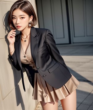 1girl, solo, short hair, skirt, brown hair, black hair, jewelry, jacket, earrings, vest, lips, shadow, formal, suit, realistic