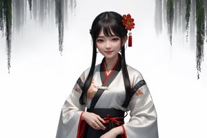 highly detailed,extremely detailed CG unity 8k wallpaper, masterpiece, illustration,  highres, absurdres, , shuimobysim, wuchangshuo, bonian, zhenbanqiao, badashanren, traditional chinese ink painting, modelshoot style, peaceful, (smile), looking at viewer, wearing long hanfu, hanfu, song, willow tree in background, wuchangshuo,
