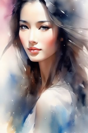 A beautiful oriental woman with long hair, beautiful confident dark eyes, beautiful face, pastel colors, portrait of Willem Haenraets, watercolor, wet on wet and splash technique, concept art, smooth, sharp focus, centered, perfect composition, abstract, super realism,watercolor \(medium\)