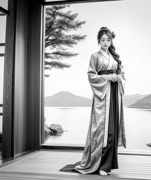 1girl, solo, long hair, hair ornament, long sleeves, white background, very long hair, monochrome, full body, closed eyes, greyscale, japanese clothes, barefoot, wide sleeves, hair bun, sash, chinese clothes, realistic, hanfu