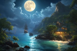 bird's eye view , tropical coastline landscape with ancient ruins in jungles, gold opal medalion shimmering with colors,((( fantasy world ))) ,((( tropical night , full moon ))) ,elven pirate sailboat in the bay ,  highly detailed, high resolution, raytraced reflections, dramatic lighting. 8k vibrant colors, neon ambiance, abstract black oil, detailed acrylic, grunge, intricate complexity, photorealistic, Makoto Shinkai Peter Kemp Mucha, kids story style, watercolor style, , watercolor style, perfect composition, beautiful detailed intricate insanely detailed octane render trending on artstation, 8 k ,artistic photography, photorealistic concept art, soft natural volumetric cinematic perfect moon light, chiaroscuro, award winning photograph, masterpiece, watercolor style, High Detail, dramatic, High Detail, dramatic ( very detailed background, detailed face, detailed complex busy background : 0.8 ) ,   (style of Ivan Aivazovsky:0.6), realistic, detailed, textured, skin, hair, eyes, by Alex Huguet, Mike Hill, Ian Spriggs, JaeCheol Park, Marek Denko, scenic , natural , majestic , by Ansel Adams , Galen Rowell , David Muench, Frans Lanting, Peter Lik
,more detail XL, ((style of Ivan Aivazovsky))