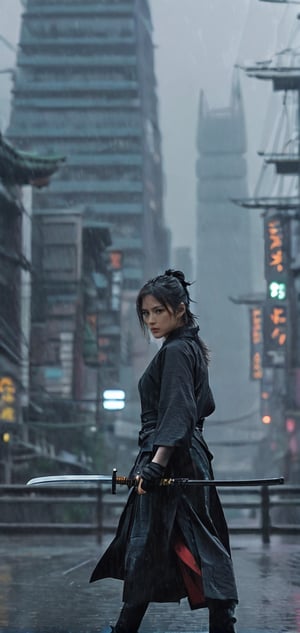 Create a last ninja woman in age of technology, Last battle, holding katana, background of futuristic tokyo, dark rainy day, highly detailed.,Movie Still,oni style,DonMPl4sm4T3chXL ,DonMCyb3rN3cr0XL ,DonMWr41thXL ,Film Still,FilmGirl