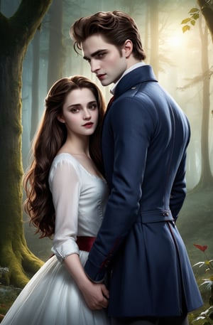 Cinematic results, create an illustration of main characters in the book "Twilight" Bella and the vampire Edward, the couple are realistic and ultradetailed, close attention is paid to the drawing of their clothing, 8kUHD 