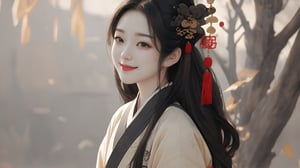highly detailed,extremely detailed CG unity 8k wallpaper, masterpiece, illustration,  highres, absurdres, , shuimobysim, wuchangshuo, bonian, zhenbanqiao, badashanren, traditional chinese ink painting, modelshoot style, peaceful, (smile), looking at viewer, wearing long hanfu, hanfu, song, willow tree in background, wuchangshuo,
