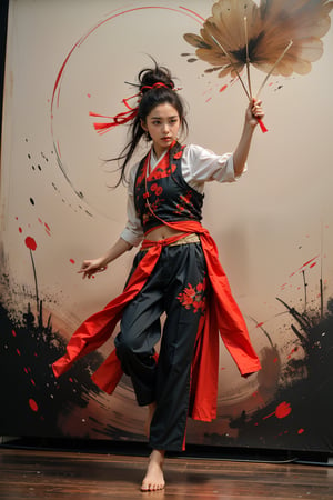 Watercolor figure painting, a beautiful ancient Chinese girl wearing elegant Chinese Hanfu (vest, trousers, streamers, barefoot) dancing (jumping on one foot), simple lines, freehand brushwork, strong color contrast, meticulous details, three-dimensional light and shadow ,high quality