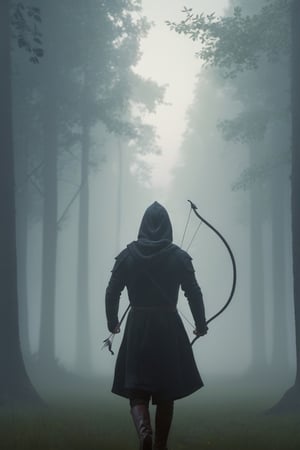Dark killer. hood. in the evening. Its white horse. Holding bow and arrow in hand. Moving fog. Realistic depiction of dim light and shadow, Fresnel lighting, produced by daz3d, ,, 