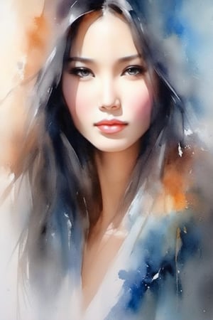 A beautiful oriental woman with long hair, beautiful confident dark eyes, beautiful face, pastel colors, portrait of Willem Haenraets, watercolor, wet on wet and splash technique, concept art, smooth, sharp focus, centered, perfect composition, abstract, super realism,watercolor \(medium\)