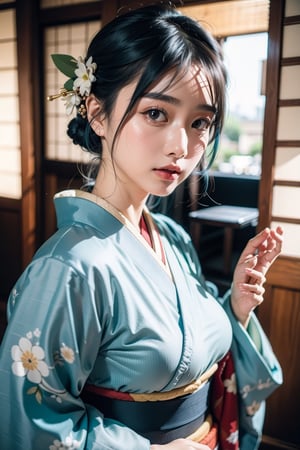 Close-up, beautiful woman, sexy kimono, big breasts, big breasts, light blue hair, long hair,