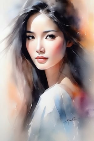 A beautiful oriental woman with long hair, beautiful confident dark eyes, beautiful face, pastel colors, portrait of Willem Haenraets, watercolor, wet on wet and splash technique, concept art, smooth, sharp focus, centered, perfect composition, abstract, super realism,watercolor \(medium\)