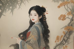 highly detailed,extremely detailed CG unity 8k wallpaper, masterpiece, illustration,  highres, absurdres, , shuimobysim, wuchangshuo, bonian, zhenbanqiao, badashanren, traditional chinese ink painting, modelshoot style, peaceful, (smile), looking at viewer, wearing long hanfu, hanfu, song, willow tree in background, wuchangshuo,
