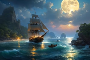 bird's eye view , tropical coastline landscape with ancient ruins in jungles, gold opal medalion shimmering with colors,((( fantasy world ))) ,((( tropical night , full moon ))) ,elven pirate sailboat in the bay ,  highly detailed, high resolution, raytraced reflections, dramatic lighting. 8k vibrant colors, neon ambiance, abstract black oil, detailed acrylic, grunge, intricate complexity, photorealistic, Makoto Shinkai Peter Kemp Mucha, kids story style, watercolor style, , watercolor style, perfect composition, beautiful detailed intricate insanely detailed octane render trending on artstation, 8 k ,artistic photography, photorealistic concept art, soft natural volumetric cinematic perfect moon light, chiaroscuro, award winning photograph, masterpiece, watercolor style, High Detail, dramatic, High Detail, dramatic ( very detailed background, detailed face, detailed complex busy background : 0.8 ) ,   (style of Ivan Aivazovsky:0.6), realistic, detailed, textured, skin, hair, eyes, by Alex Huguet, Mike Hill, Ian Spriggs, JaeCheol Park, Marek Denko, scenic , natural , majestic , by Ansel Adams , Galen Rowell , David Muench, Frans Lanting, Peter Lik
,more detail XL, ((style of Ivan Aivazovsky))