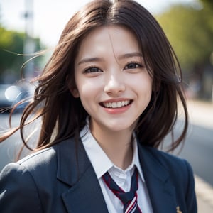 (close-up of faces), two girls, ribbon, schoolgirl, uniform jacket, uniform skirt, portrait, bokeh, masterpiece, natural light, accurate, anatomically correct, textured skin, front light, f/1.8 , 90mm, Fujifilm GFX 50R, Regina display, super detail, high detail, high image quality, highest quality, high resolution, UHD, 1080P, HD, 4K, 8K, long hair, fighting pose, sweet devilish laugh