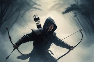 Dark killer. hood. in the evening. Its white horse. Holding bow and arrow in hand. Moving fog. Realistic depiction of dim light and shadow, Fresnel lighting, produced by daz3d, ,, ,chinese ink drawing