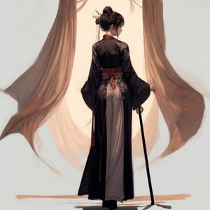 sketch of a silhouette of a woman, Hanfu, rear view, full length
