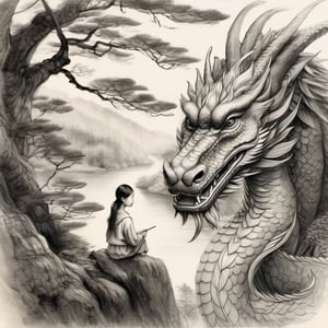 Best quality, warmth, perfection, 8k, harmony, beauty, intricate details, nature, impressionism based on watercolor technique, highly detailed portrait of a Chinese girl in deep thought with his faithful dragon friend in majestic and healthy forest, pencil sketch