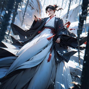 a full body shot photo of a handsome male in white hanfu floating above the ground in the air, 
dutch angle, from below, 
action pose, fluttering clothes, solo focus, wind, sky, lighting particles, winter forest, snowfall, Chinese style, 
cinematic composition, depth of field, 4k, 8k, (masterpiece, ultra detailed face, detailed eyes), (two eyes, nose, mouth), best quality, high resolution, high quality