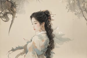 Best quality, warmth, perfection, 8k, harmony, beauty, intricate details, nature, impressionism based on watercolor technique, highly detailed portrait of a Chinese girl in deep thought with his faithful dragon friend in majestic and healthy forest, pencil sketch